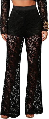 RoseSeek Women's Lace Mesh See Through Flare Pants High Waisted Bell Bottoms Ele