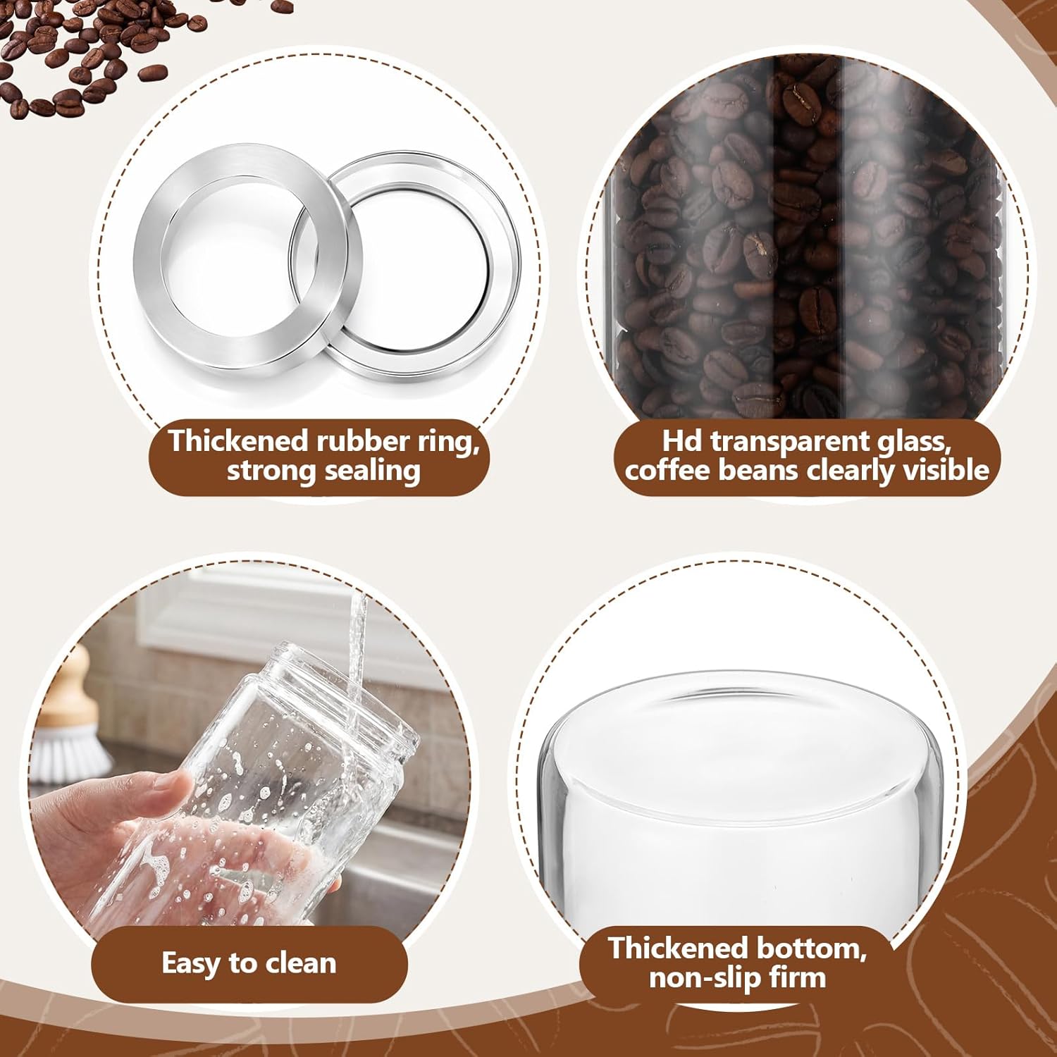 Suclain 3 Pcs Glass Coffee Bean Container 44 oz Airtight Coffee Canister with Shelf and Measuring Spoon Kitchen Food Canister Jar for Sugar Candy(Artsy Style, Wood, Glass, Stainless Steel, Acrylic)