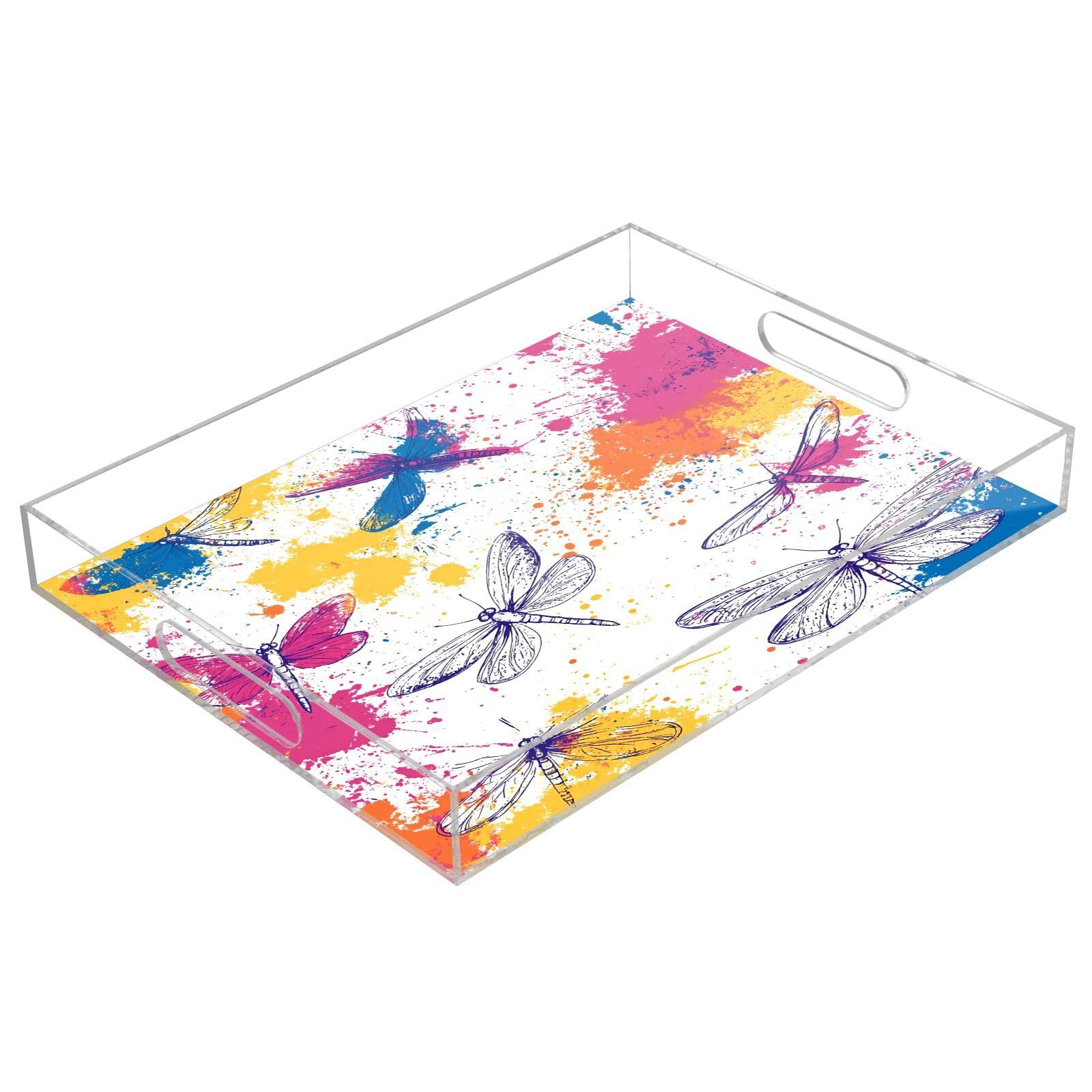 BOESI Graffiti Dragonfly Pattern Acrylic Decorative Dining Tray, Acrylic Decorative Tray Organizer with Handle for Kitchen, Dining Room, Bathroom, Dresser