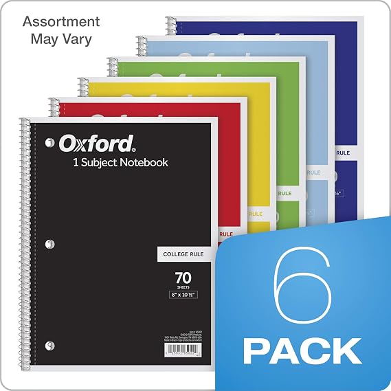Oxford Spiral Notebook 6 Pack, 1 Subject, College Ruled Paper, 8 x 10-1/2 Inch, Color Assortment Design May Vary (65007)