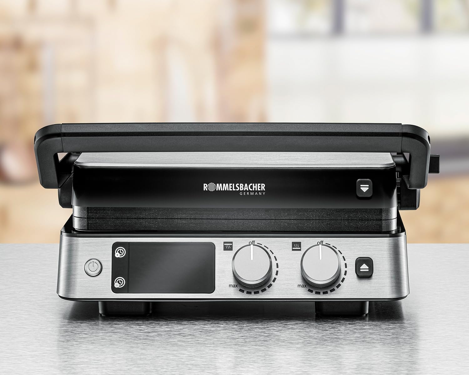 ROMMELSBACHER Kontaktgrill KG 2025, Kontakt- und Flächengrill, getrennt regelbare Grillflächen, keramische Antihaftbeschichtung (PFAS-frei), Temperaturregelung in 15 Stufen, Fettablauf, Wechselplatten
