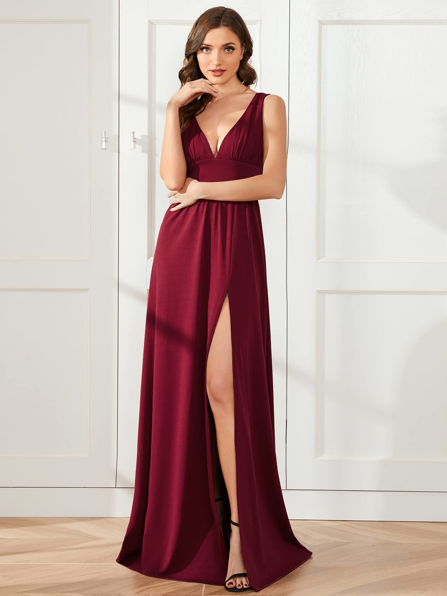 Ever-Pretty Vestido de dama de honor para mujer, cuello en V profundo, sin mangas, abertura lateral, longitud hasta el suelo, vestido de invitada de boda 0168B