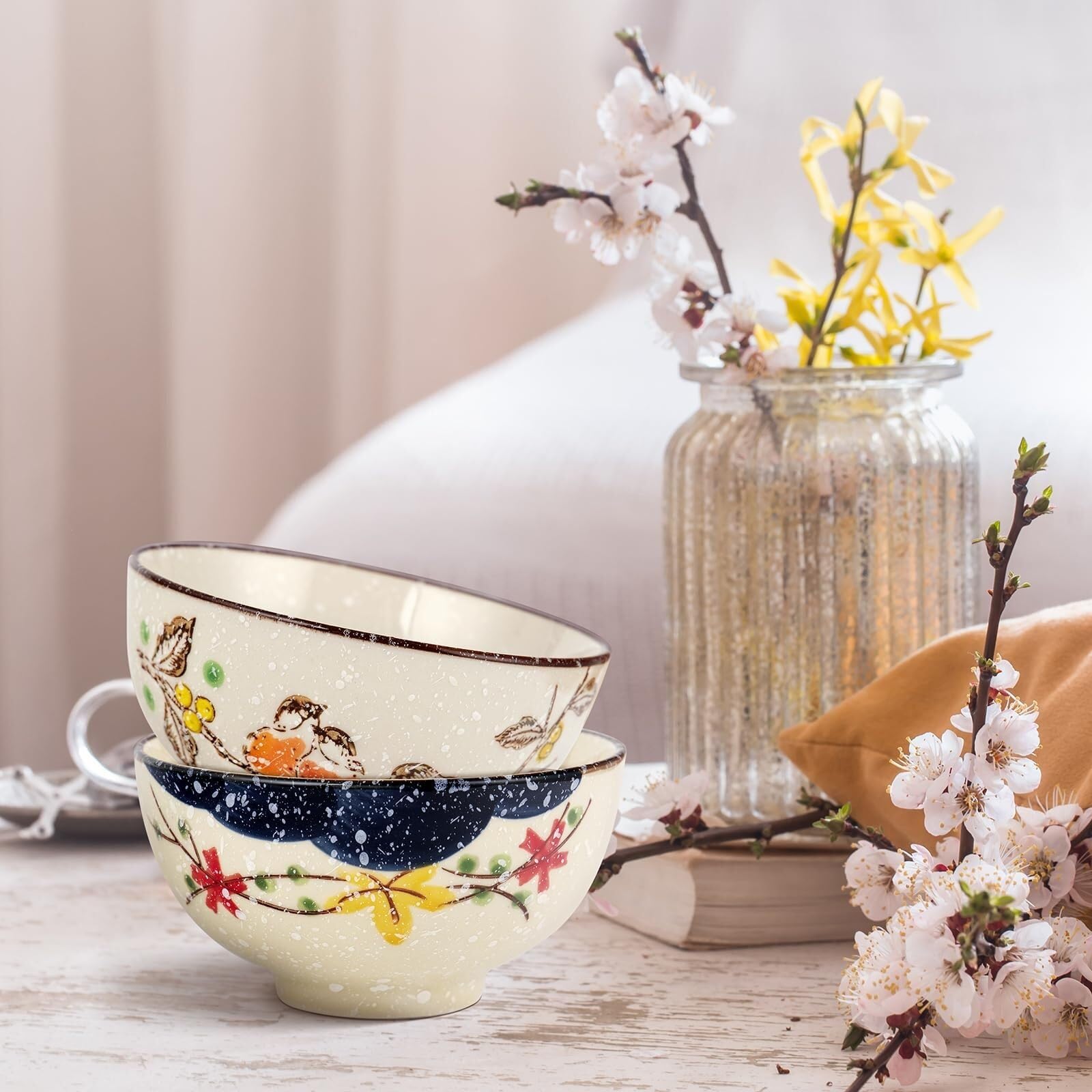 Juego de 2 cuencos de arroz japoneses, cuencos de cerámica florales pintados a mano para cereales, sopa, postre, aperitivos, ideal para regalos y ocasiones