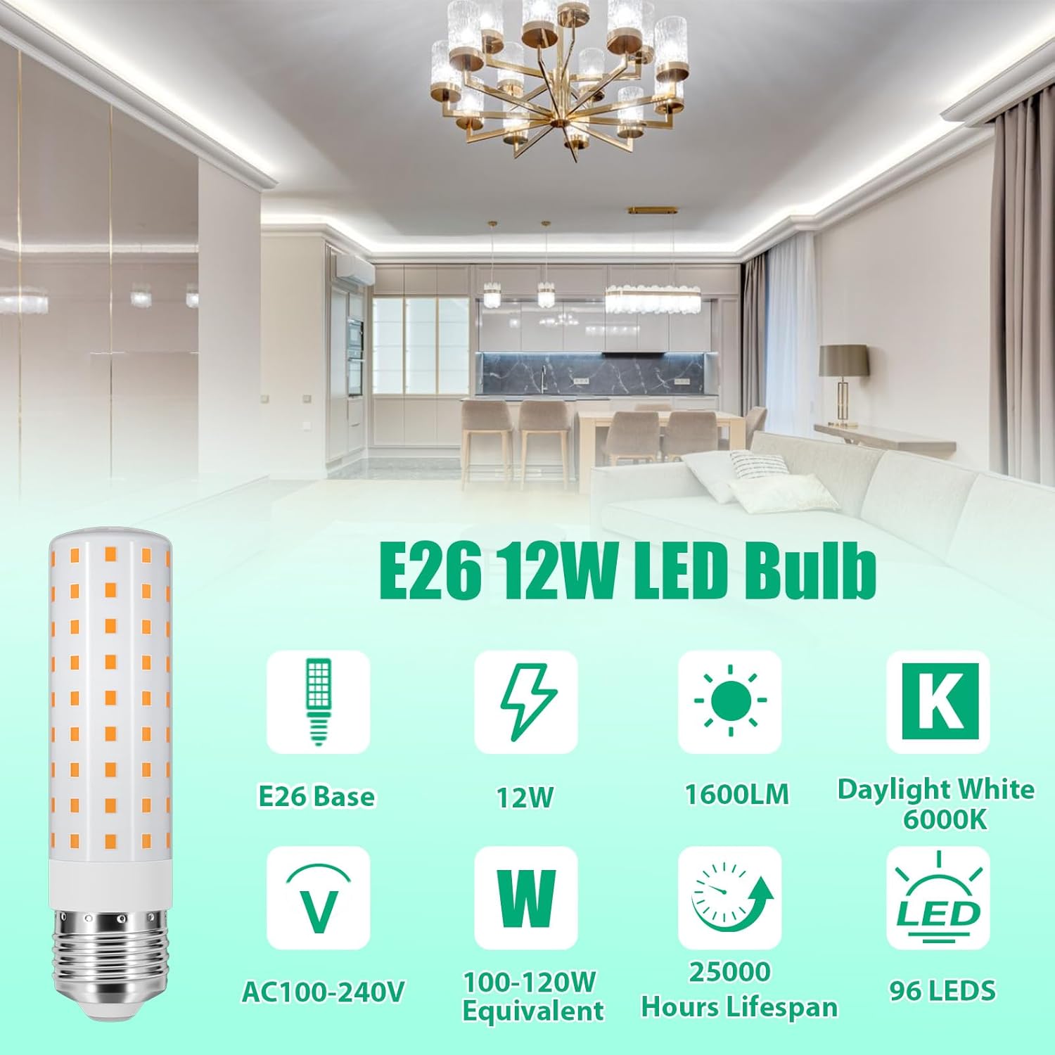 E26 100W Replacement LED Candelabra Corn Bulbs, 6000K Bright Daylight White, 12W 1600 Lumen, AC100-240V LED Light Bulbs for Ceiling Fan Chandelier Pendant Lighting, E26/E27 Base, 4 Pack