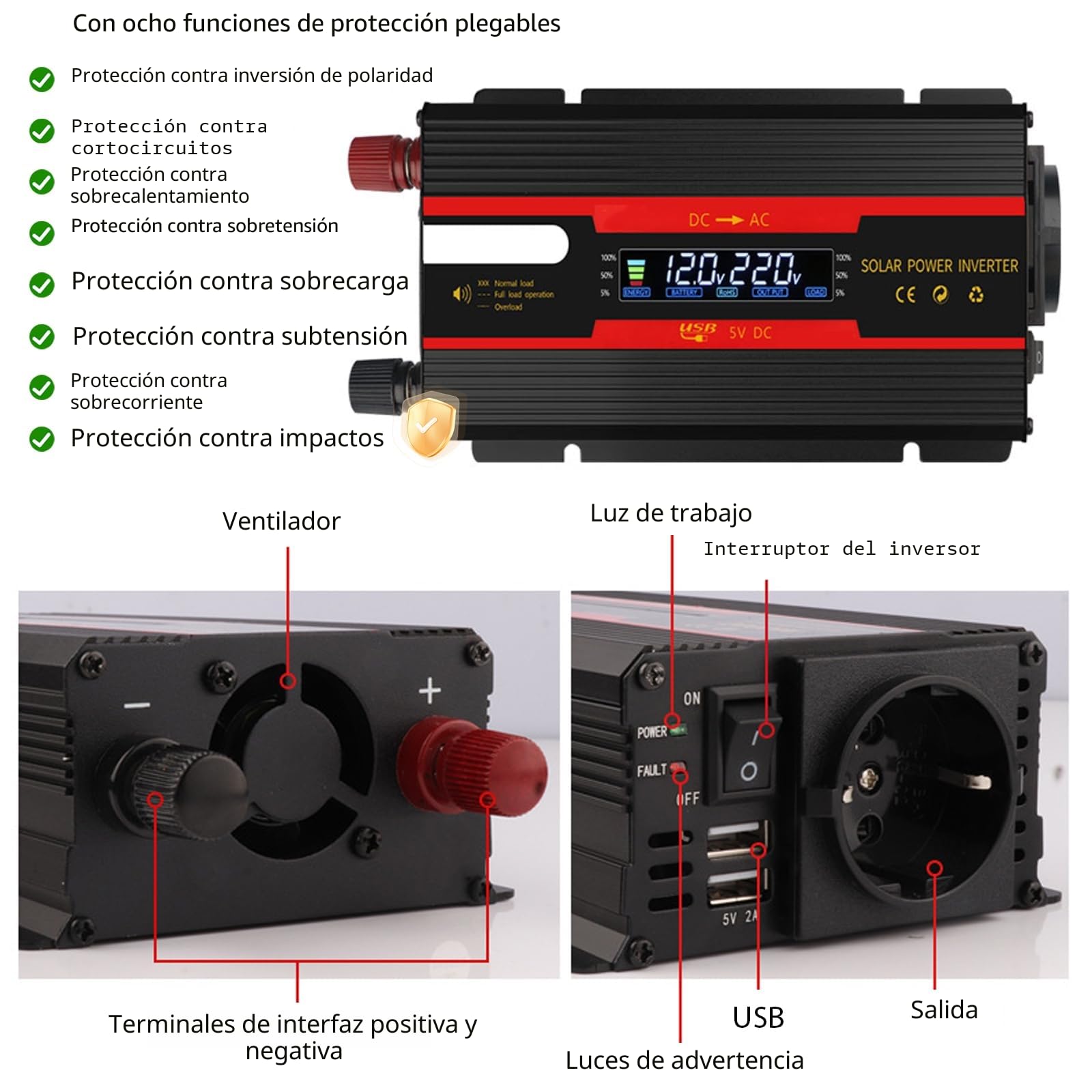 Inversor de voltaje CC 12 V/24 V a CA 230 V, inversor de onda sinusoidal modificada, 2000 W con enchufes europeos, 2 USB y pantalla LCD, adaptador de corriente para coche, camión, caravana, camping