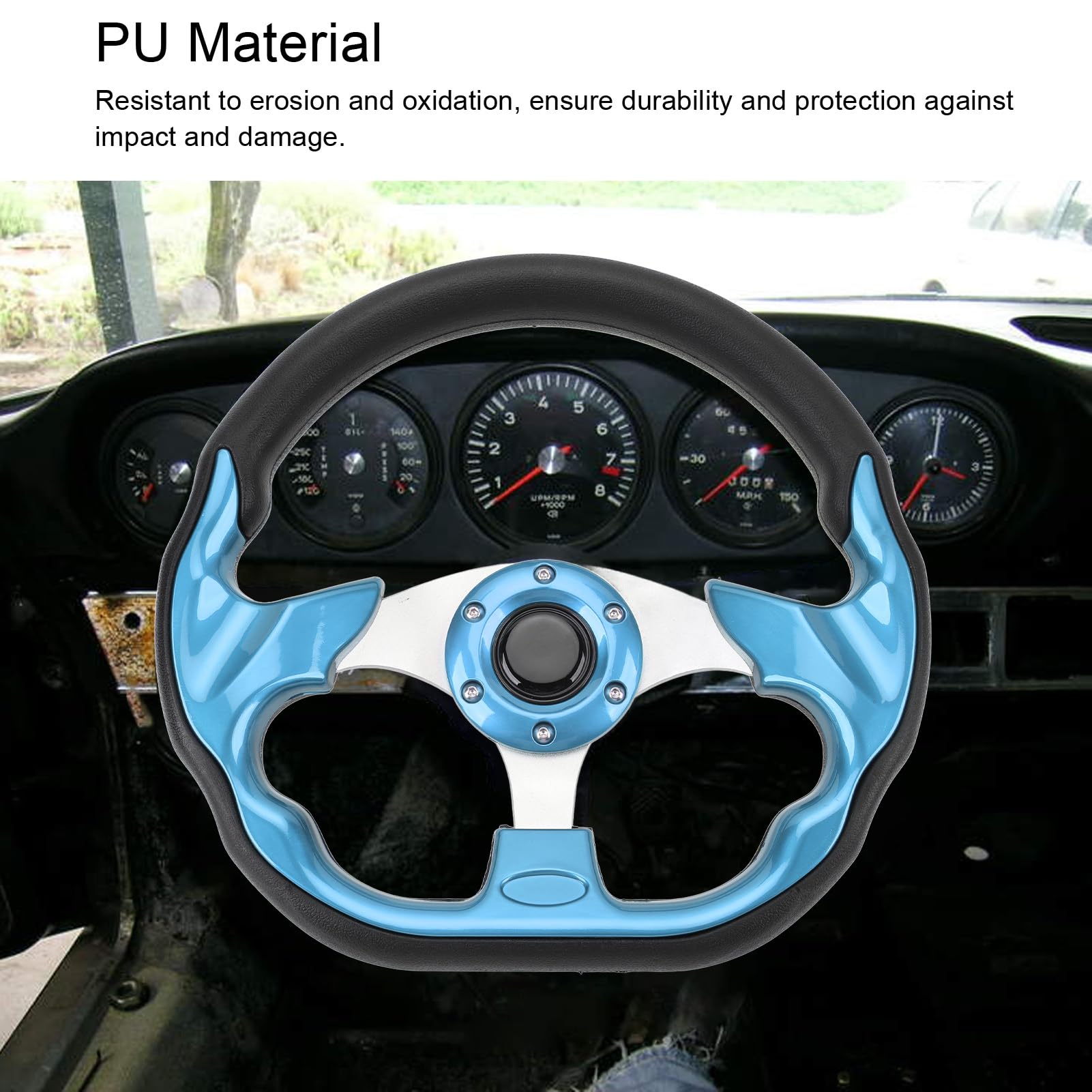 Elegante Volante per Auto Blu PU 13 Pollici - Impugnatura Migliorata, Ruota Sportiva Resistente all'impatto Facile Installazione Nei Veicoli (BLUE)