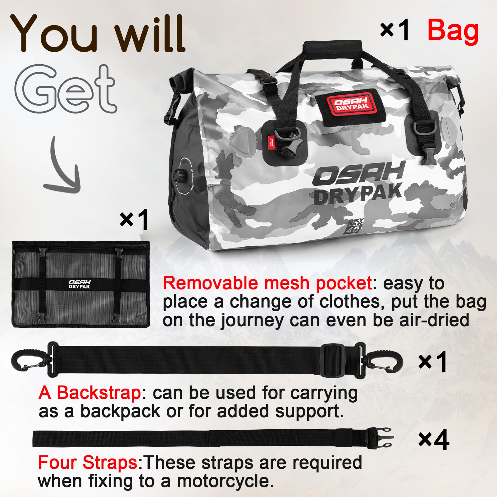 OSAH DRYPAK Bolso de Lona Impermeable - Bolsa Trasera estanca para Moto con Gran Espacio, Equipaje Impermeable con Bolsillo Exterior de Malla con Cremallera para Acampada, Kayak, Pesca y Viajes