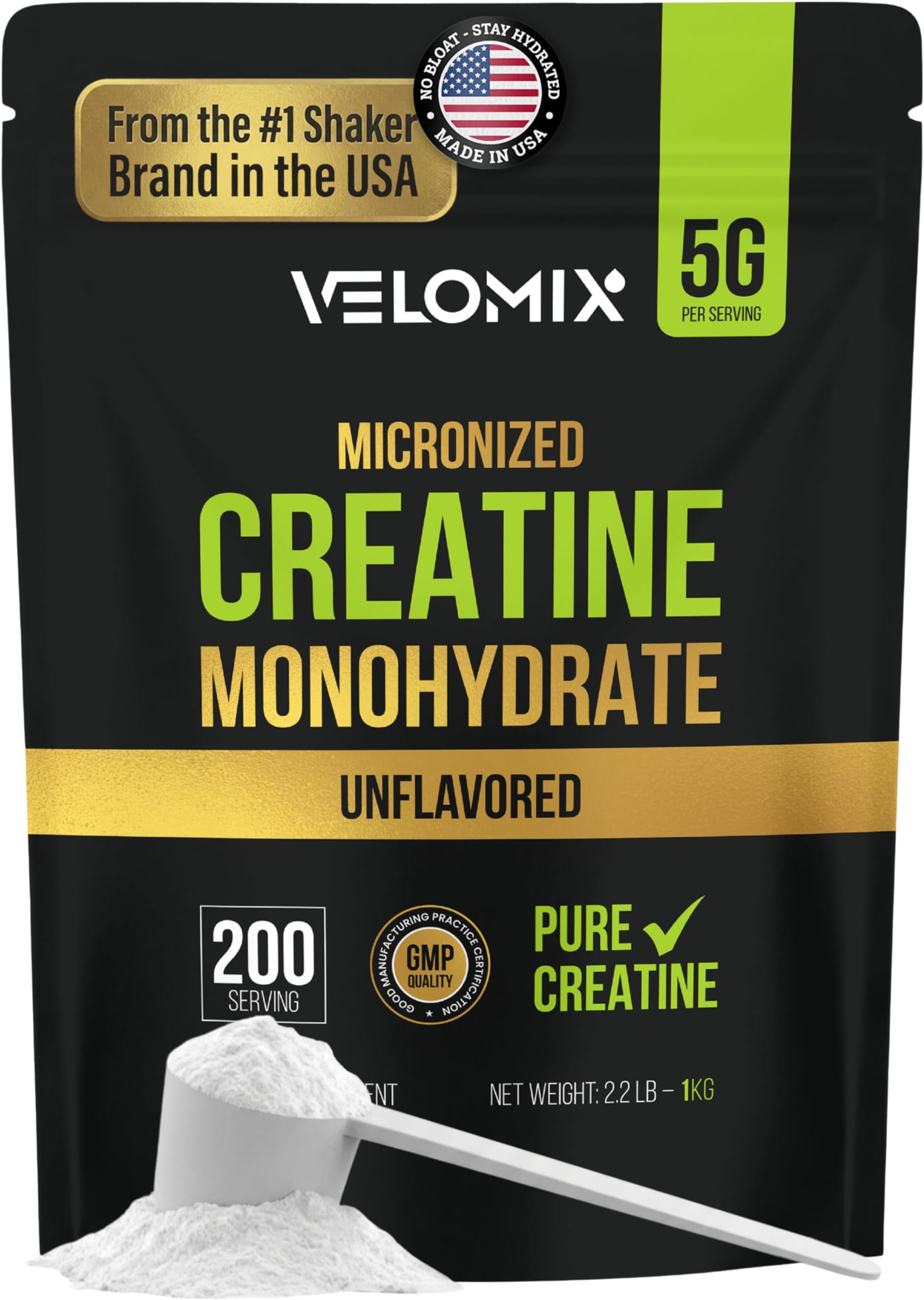 VELOMIX Micronized Creatine Monohydrate Powder - 100% Pure Creatine Powder Unflavored and Easy to Mix | Supports Muscle Growth, Recovery, and Strength | 5000mg Per Serv (5g) - 200 Servings