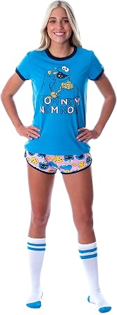 Sesame Street Womens Cookie Monster 3 Piece Matching Pajama Set - Boxer Shorts, Shirt, And Slipper Socks