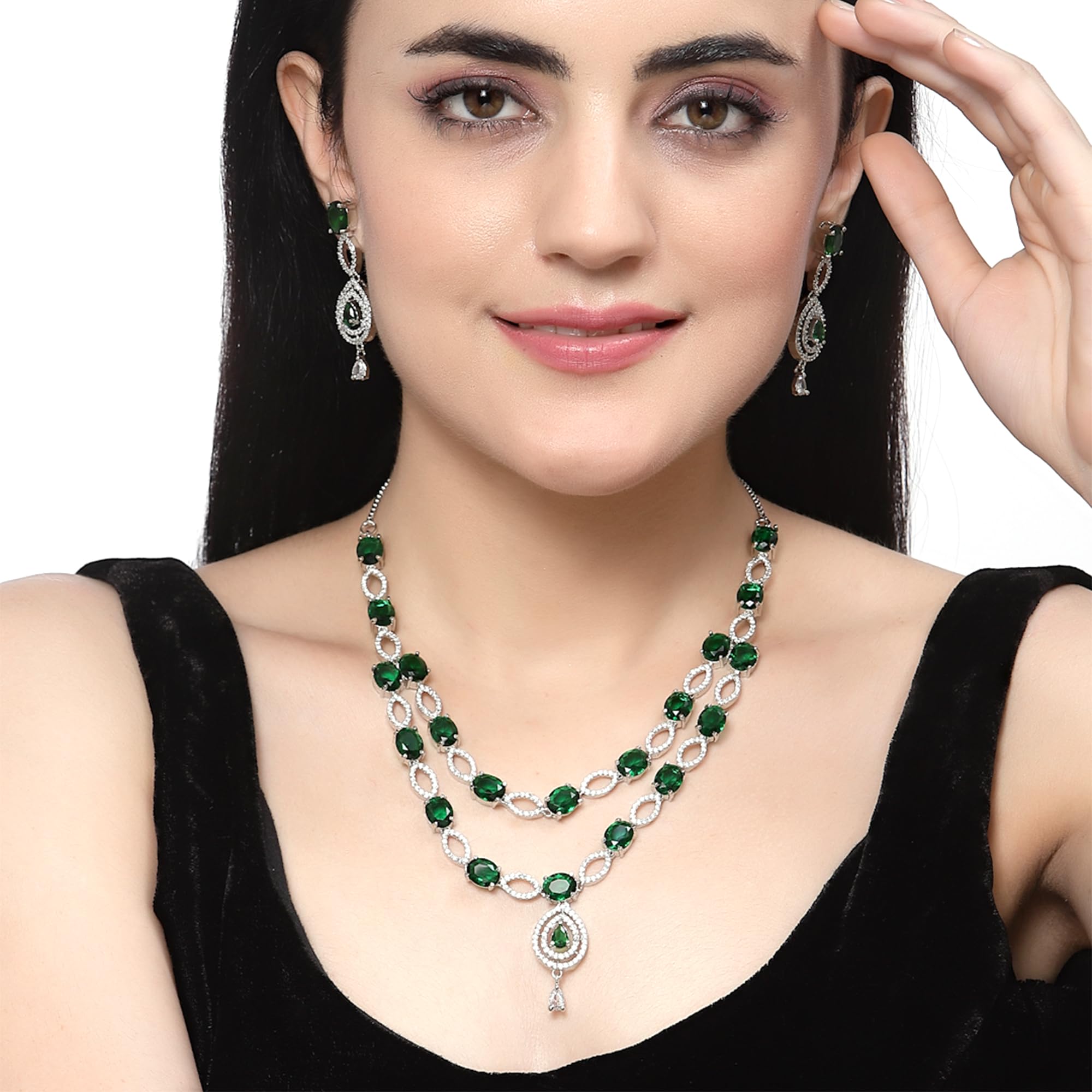 Abstract Necklace & Earrings Set Rhodium-Plated AD Studded