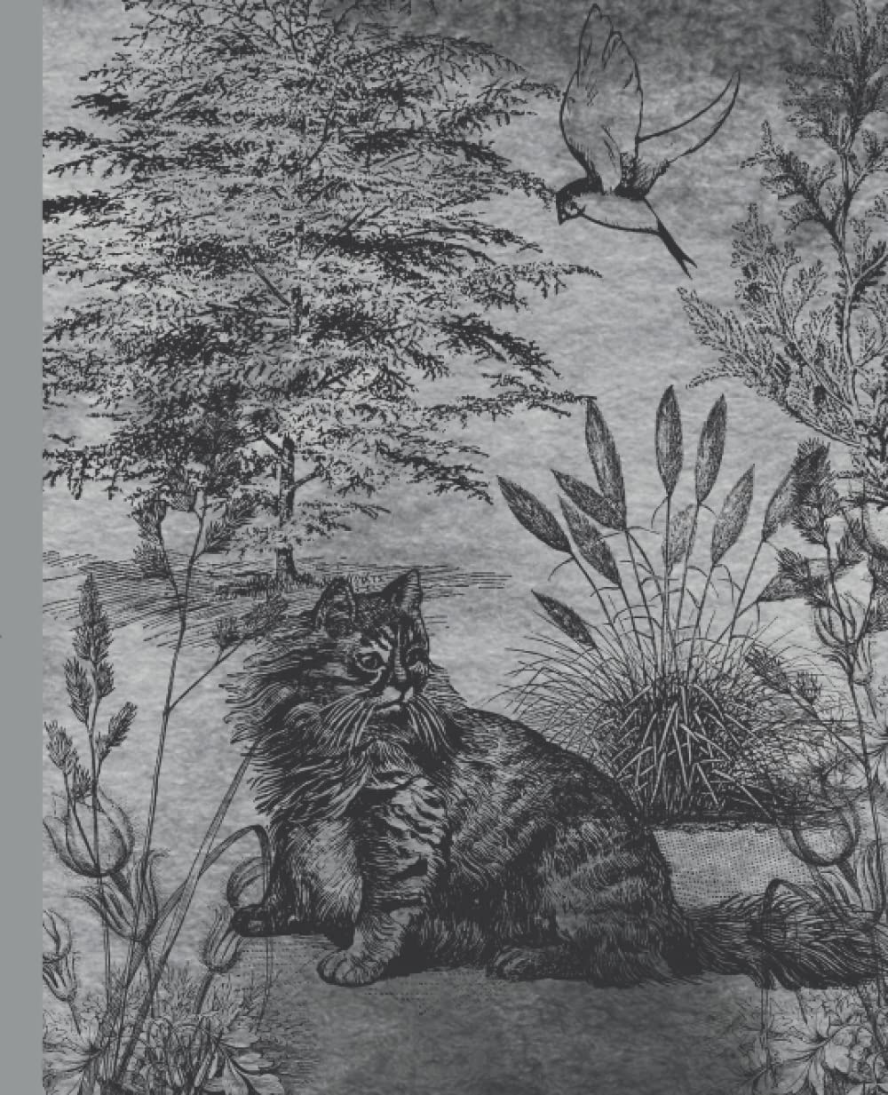 Vintage Notebook Journal, 150 pages, Grey Notebook with Cat on Cover: 7.5"× 9.25" Vintage Journal lined paper, Vintage Journal with Cream Paper, and