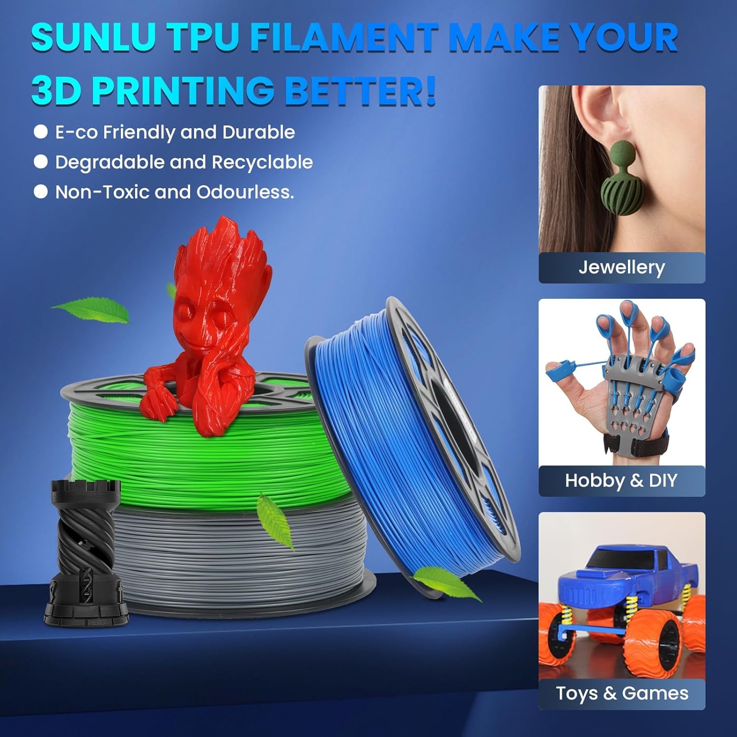 SUNLU TPU Filament 1.75mm 1kg Black and 3D Printer Filament Dryer S4 Black