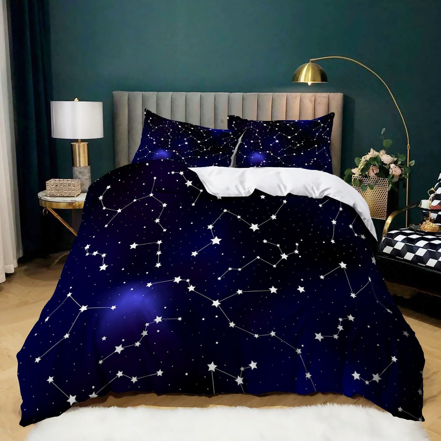 Housse Couette 2 Personnes 220x240 Parure de Lit Constellation en Microfibre Douce
