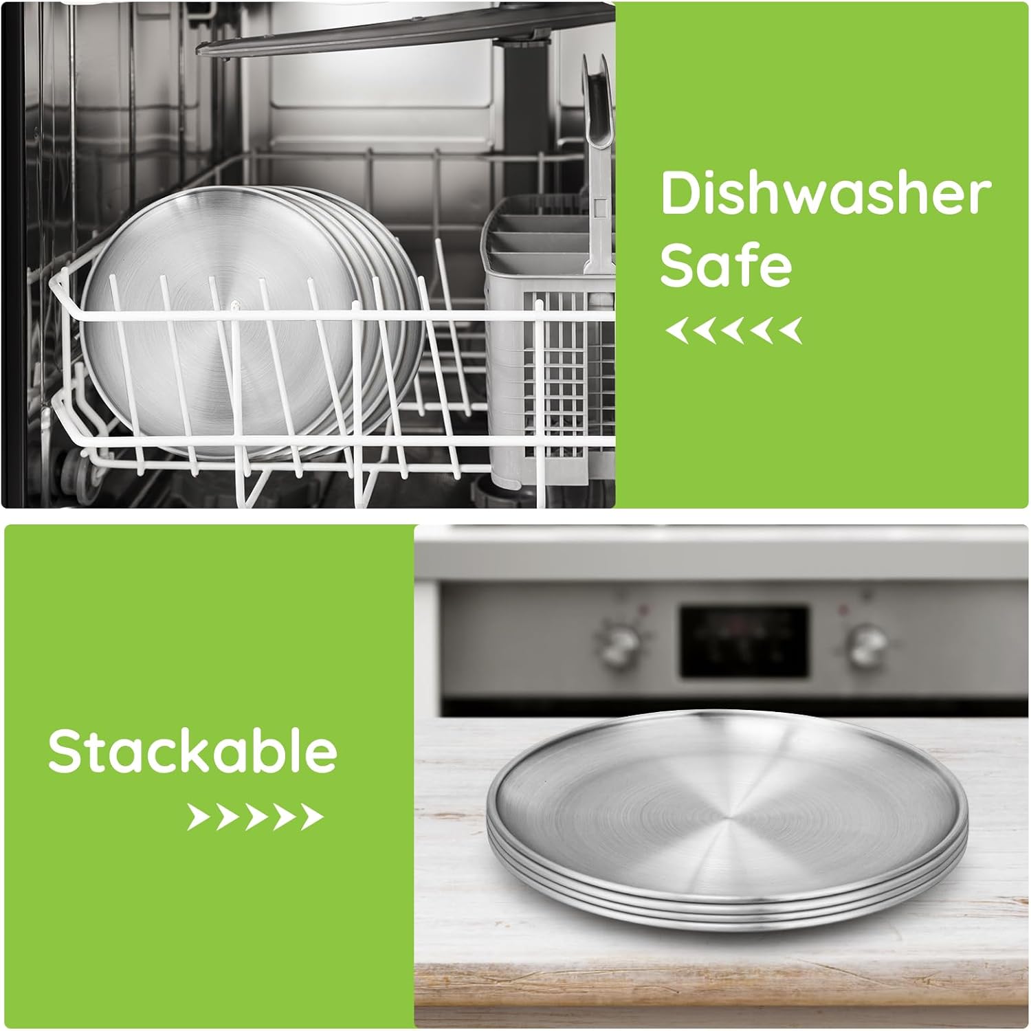 19oz 4 Cups and 7.8" 4 Plates 304(18/8), Round Shatterproof Stainless Steel Plates, Double Wall Stackable Unbreakable Stainless Steel Cups for Outdoor Travel Camping BBQ Home Dinner