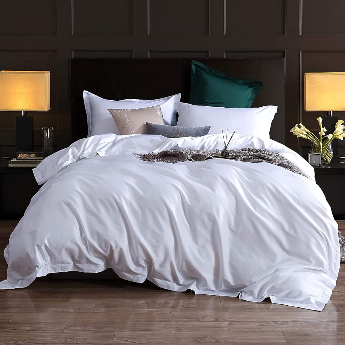 1000 Thread Count Queen Duvet Cover 100% Egyptian Cotton White Solid Long Staple Luxury Quality Sateen Weave Durable Soft Comfy Comforter Cover with Zipper Closure & Corner Ties