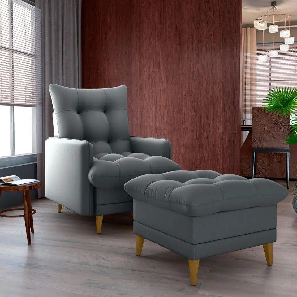 Poltrona Do Papai Reclinável Confortável Com Puff Veludo Cinza