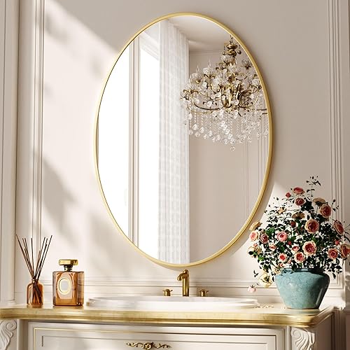 Miniatura 2 de Espejo de baño ovalado, dorado de 26 x 38 pulgadas, espejo de pared moderno para dormitorio, sala de estar, horizontal o vertical