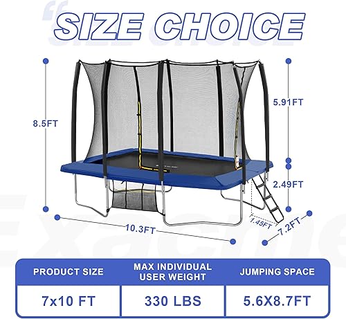 Miniatura 5 de Exacme 7X10 8X12 9X14 Foot Rectangle Trampoline for Kids, Double Enclosure Openings, Small Outdoor Rectangular Trampoline with Enclosure Net, 4 Wind