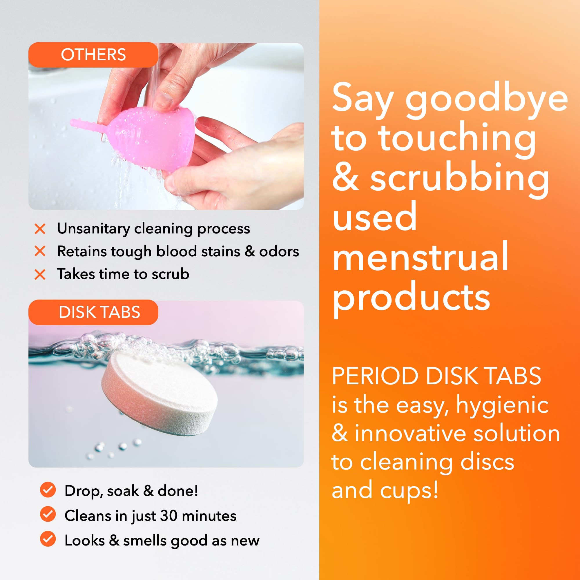PERIOD Disk Tabs – Pulizia naturale per tazze mestruali e dischi mestruali – Rimuove macchie e odori ostinati senza danneggiare dischi e tazze – 6 mesi scorte