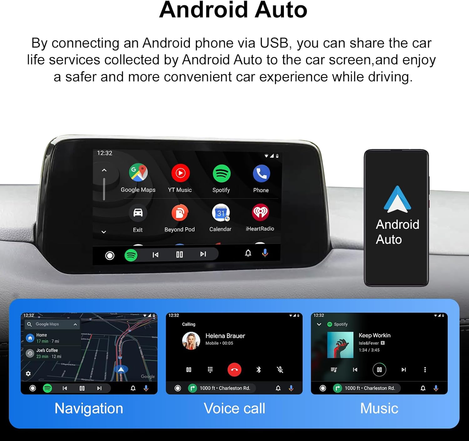 Mazda infotainment screen displaying Android Auto interface with navigation, voice call, and music playback examples.