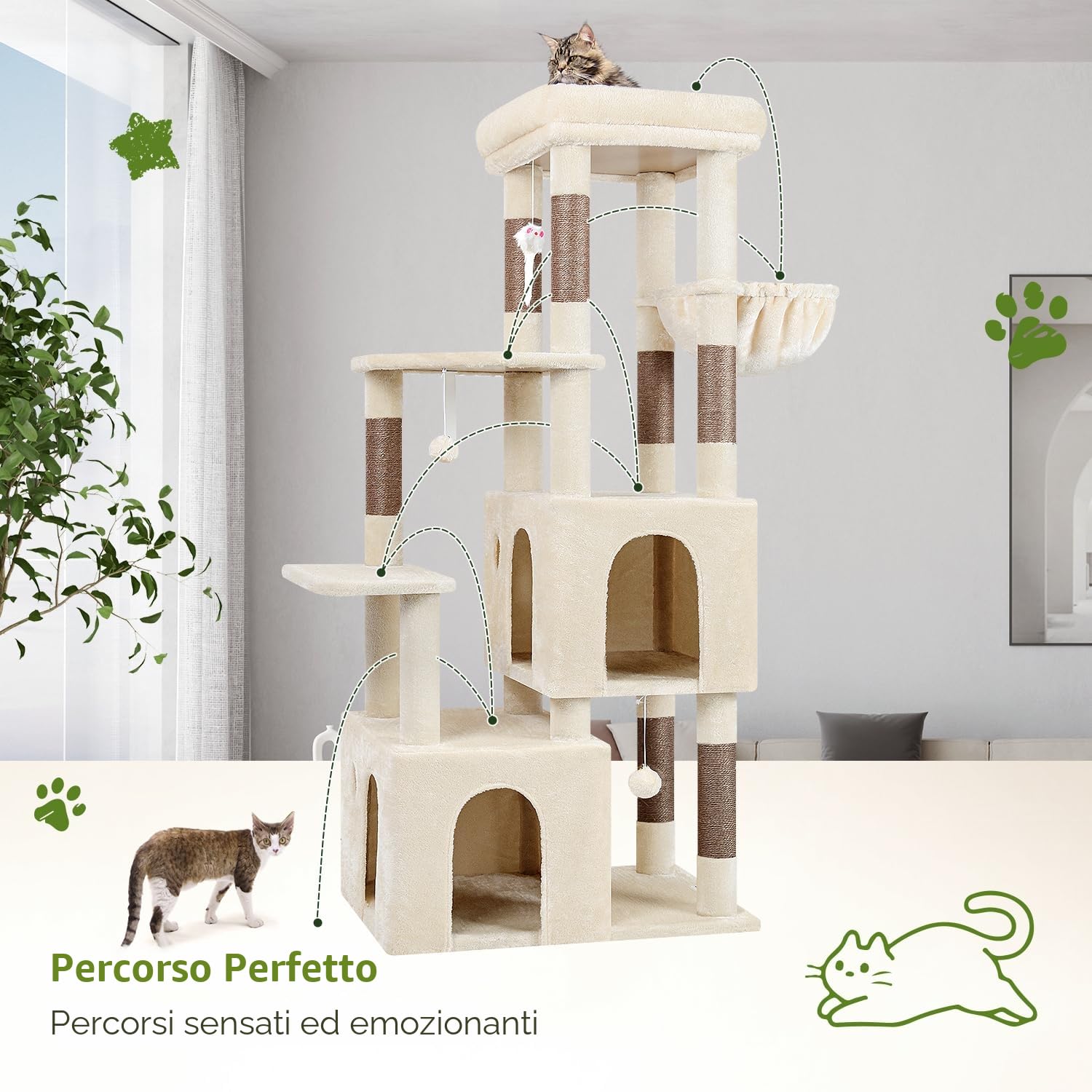 Globlazer Tiragraffi Beige per Gatti Grandi Maine Coon con 2 Extra-large Grotte 45 * 40 * 35, Piattaforma Imbottiti, Pali in Sisal, Stabile Albero Gatti 156 cm per Grandi Gatto Adulti (F61, Beige)