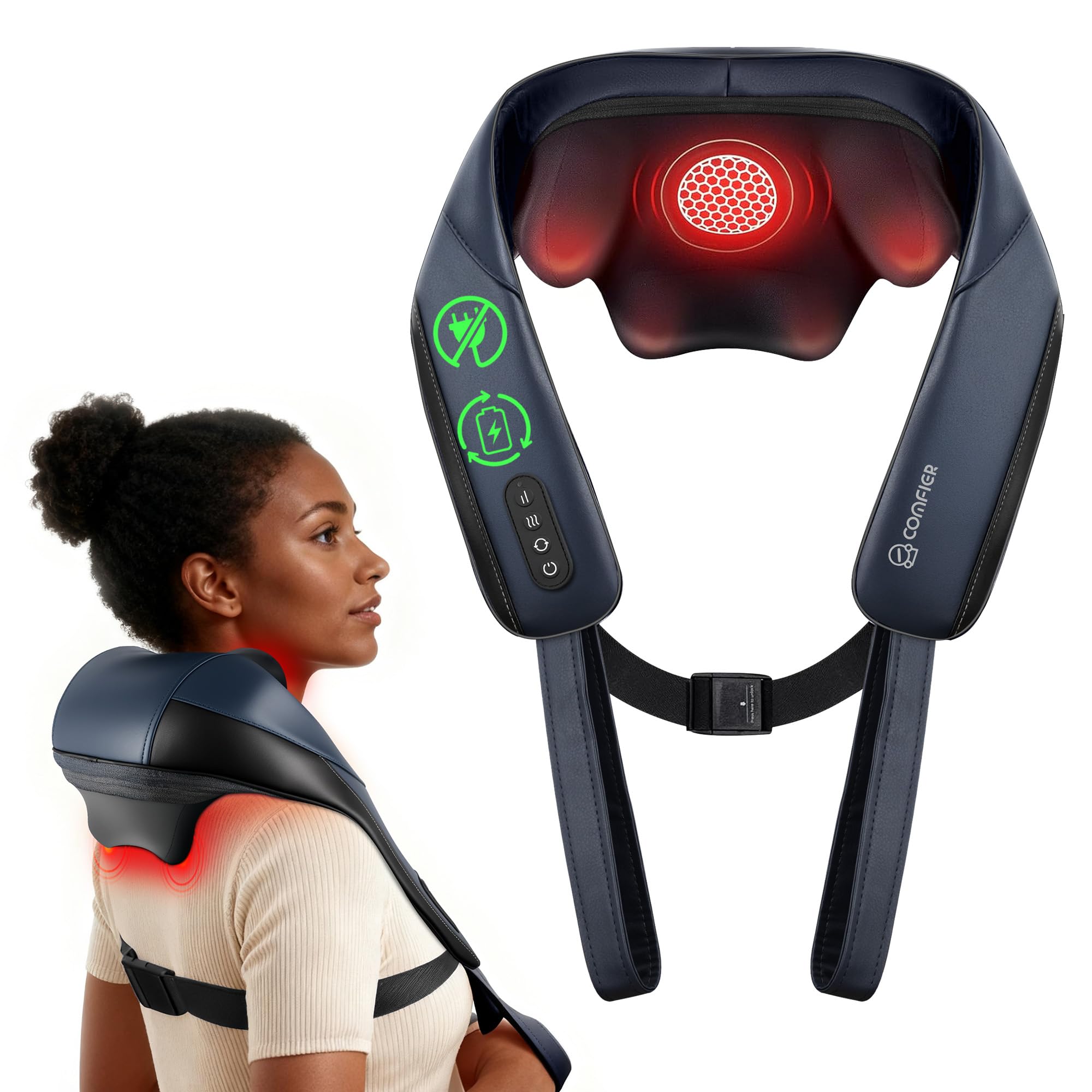 COMFIER Masajeador Cervical Shiatsu con Función de Calor, Masajeador Cervical y Espalda Inalámbrico, Calentamiento con Grafeno, Cojín de Masaje 4D con Función de Amasamiento, Regalo Hombre Mujer