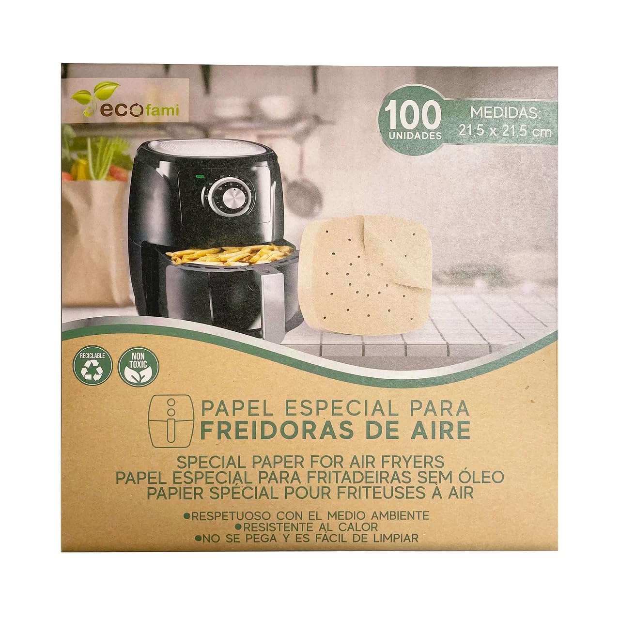 ECOFAMI - Papel de horno para freidoras de aire caliente (21,5 x 21,5 cm, 100 unidades, 12 unidades)