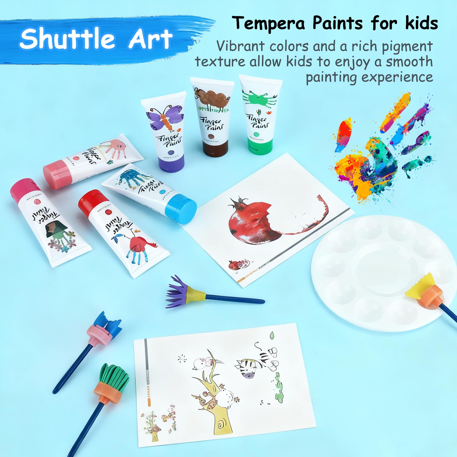 Pintura de Dedos para Niños Lavable,51 Pcs Juego de Pintura para Dedos No Tóxicas,12 Colores (60ml),con Pinceles,Esponja,Paleta y Bata,Niños Pintura Temprana Artes DIY Artesanías