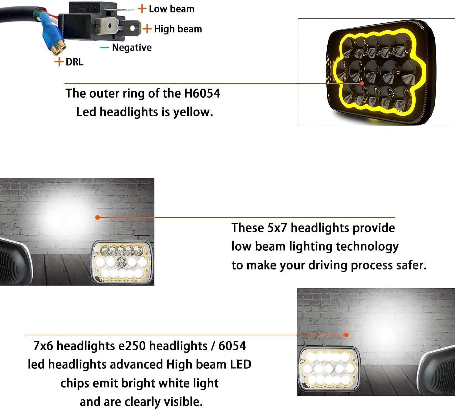 Lpteso ROLINGER 2PCS Off Road Plug and Play Sealed Beam LED Light H6054 7X6 5X7 Led Lights With Yellow Halo Ring Light Auto Lights Compatible with Wrangler YJ XJ Cherokee E250 Chevy Van Truck Mr2