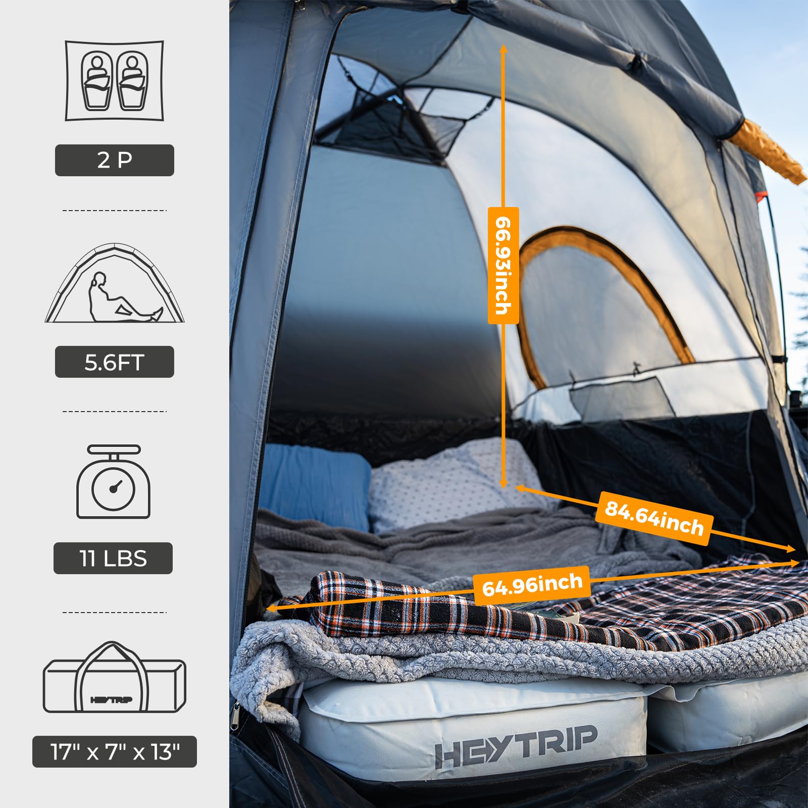 HEYTRIP Pickup Truck Zelt Wasserdicht 1,7 m - 2 m LKW Bett Zelt Doppelschicht 2 Personen LKW Zelt für Camping Angeln