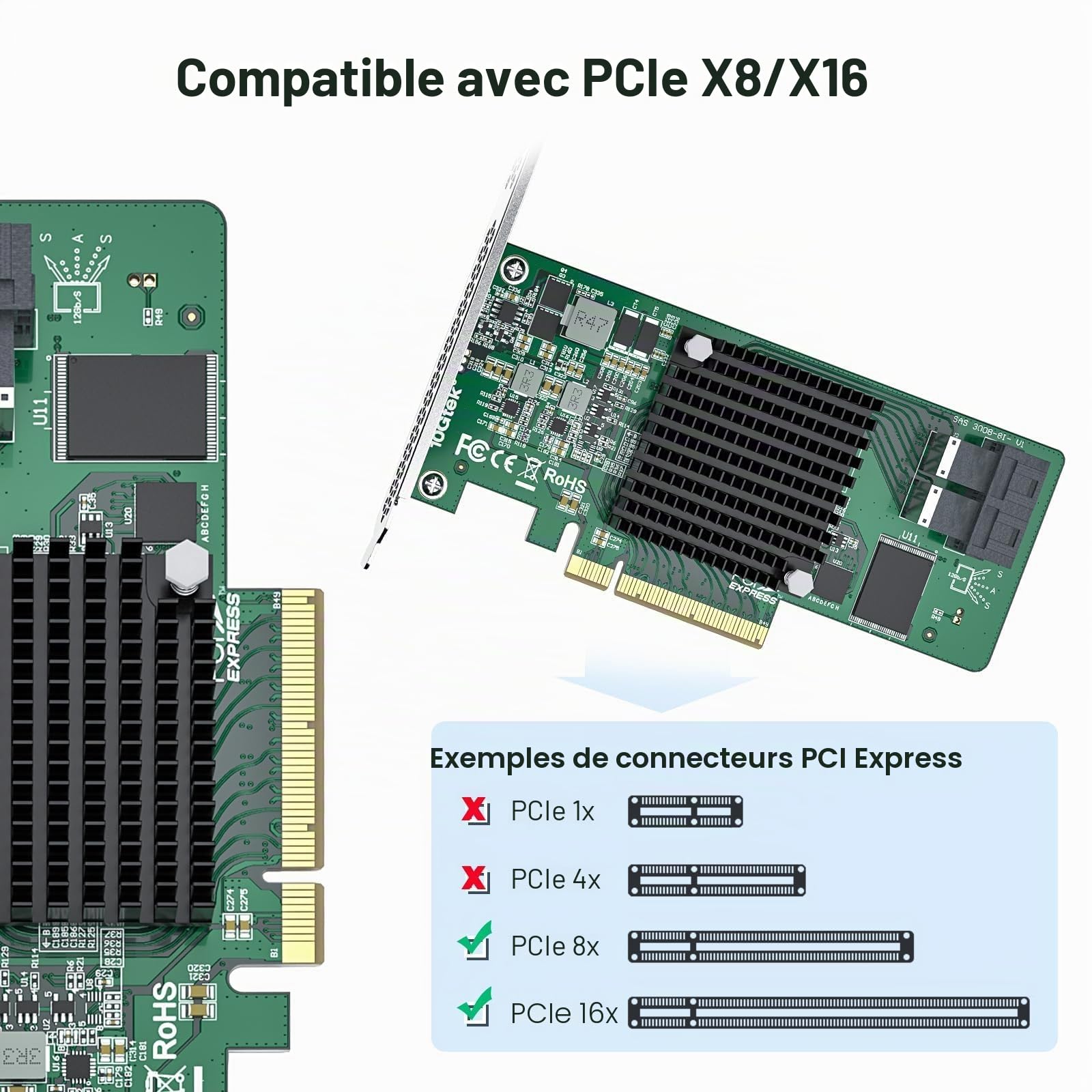 Carte contrôleur HBA interne PCI-E SAS/SATA 12G : Broadcom's SAS 3008, compatible avec 9300-8I