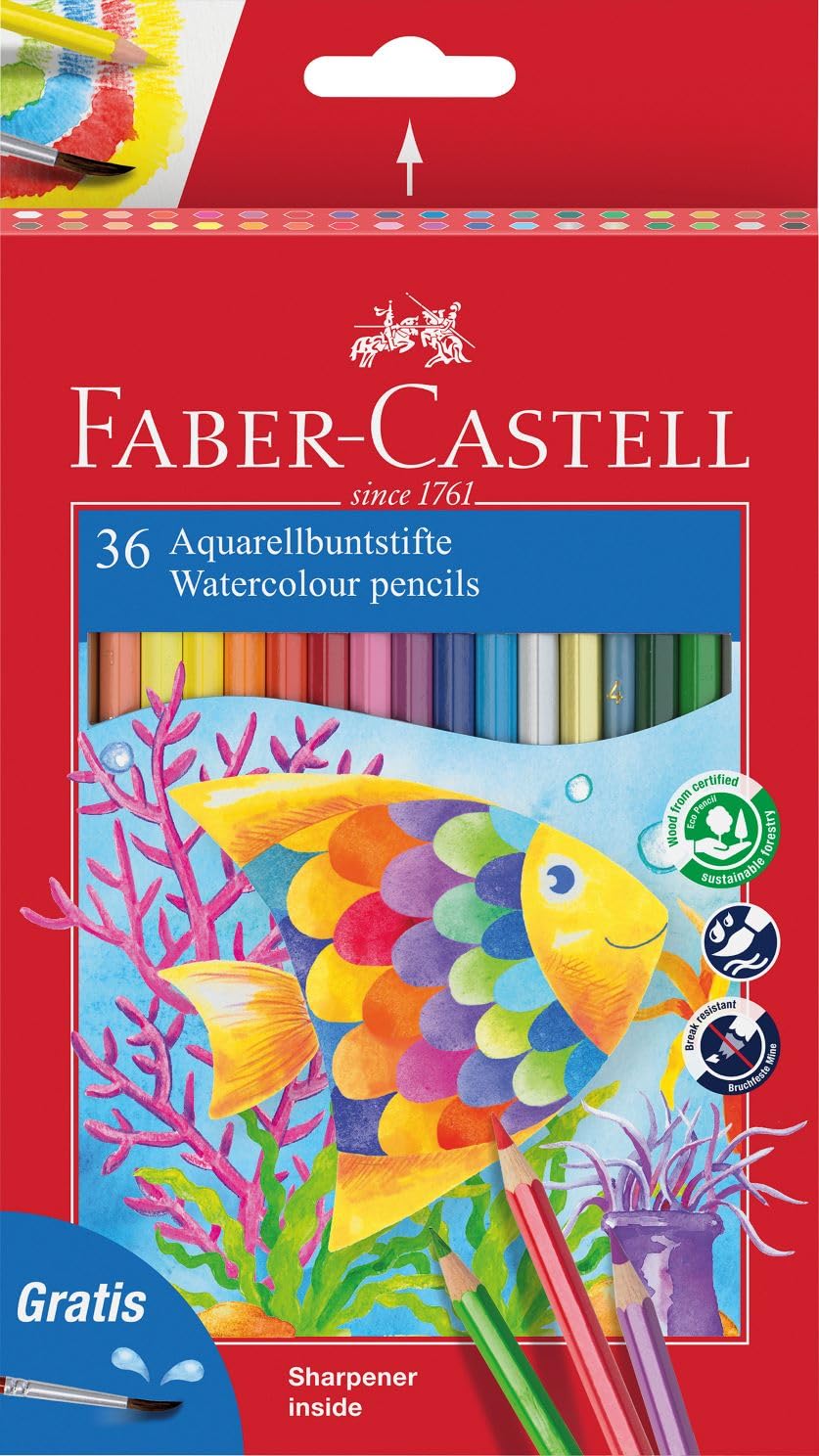 Faber Castell 114437 - Estuche de cartón con 36 ecolápices acuarelables de colores y pincel, multicolor