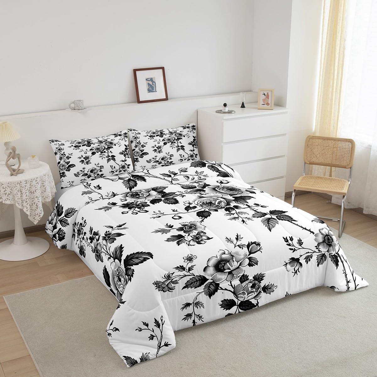 Feelyou Flower Bedding Set Twin Size Botanical Floral Printed Comforter Set for Kids Boys Girls Blossom Flowers Pattern Comforter Natural Theme Duvet Set Black White