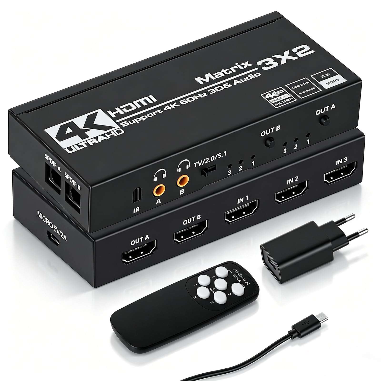 Switch Hdmi 4K 60Hz 3x2, HDMI Switch Splitter 3 in 2 Out, HDCP 2.3 HDR10 18Gbps, mit IR Télécommande & 3.5mm Audio Extractor, Support 4K@60Hz, HDCP 2.2, pour Switch, PS5, Xbox, PC
