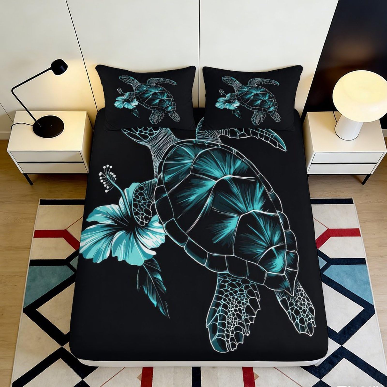 3D Printed Sea Turtle Fitted Sheet Microfiber Black Hibiscus Mattress Cover for Bedroom Guest Room Dorm Home Decor 90x200x25cm