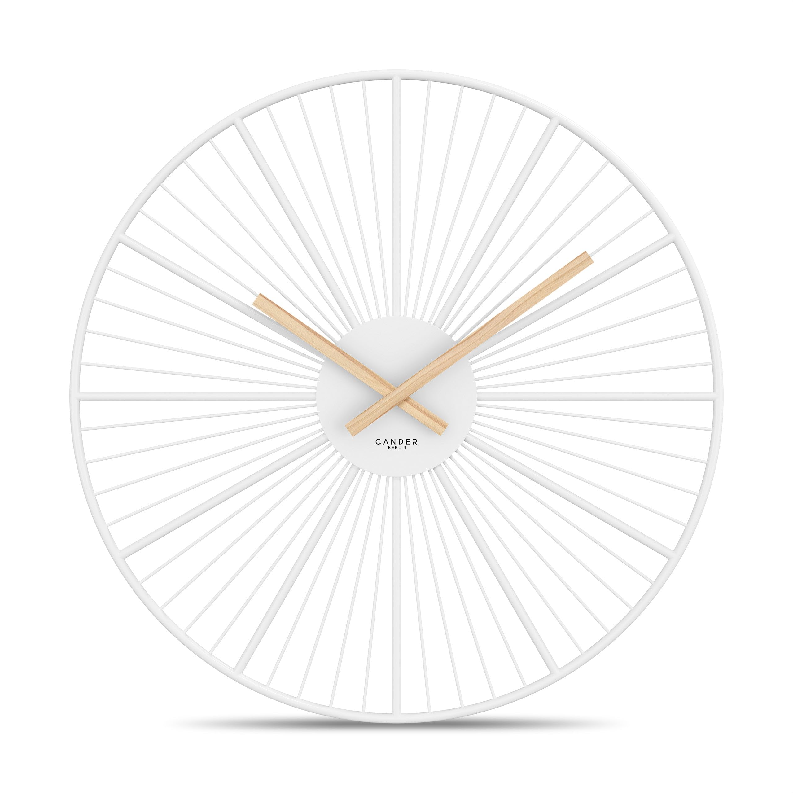Cander Berlin BRELLA XXL Reloj de pared silencioso, 50 cm, metal, manecillas de madera, sin ruido de tictac, grande, moderno, blanco, salón, cocina, vintage