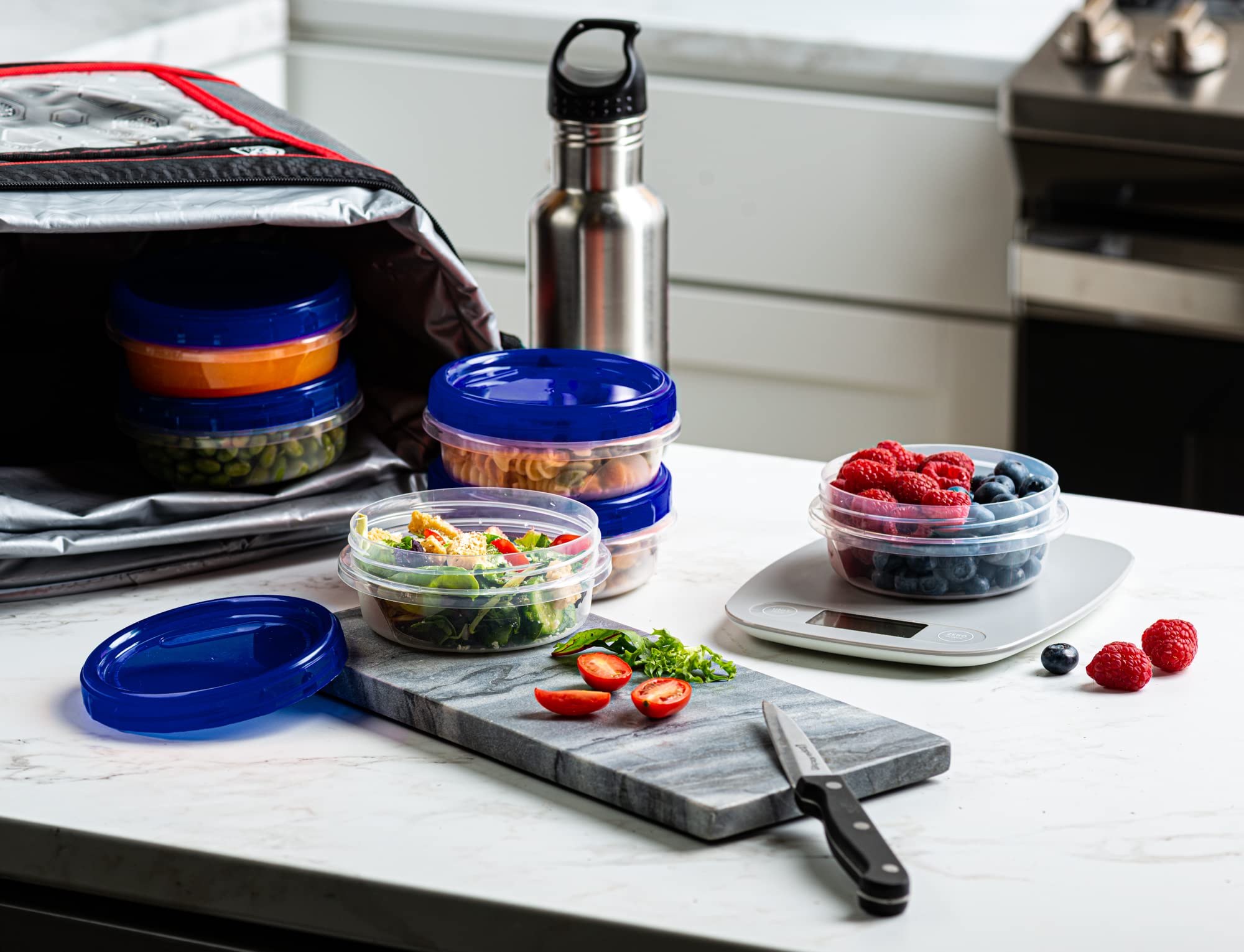 Elegant Disposables Twist Top - Contenedores de almacenamiento de alimentos, tapa de rosca azul, reutilizables, apilables, a prueba de fugas, herméticos, paquete de recipientes de 20 a 8 onzas