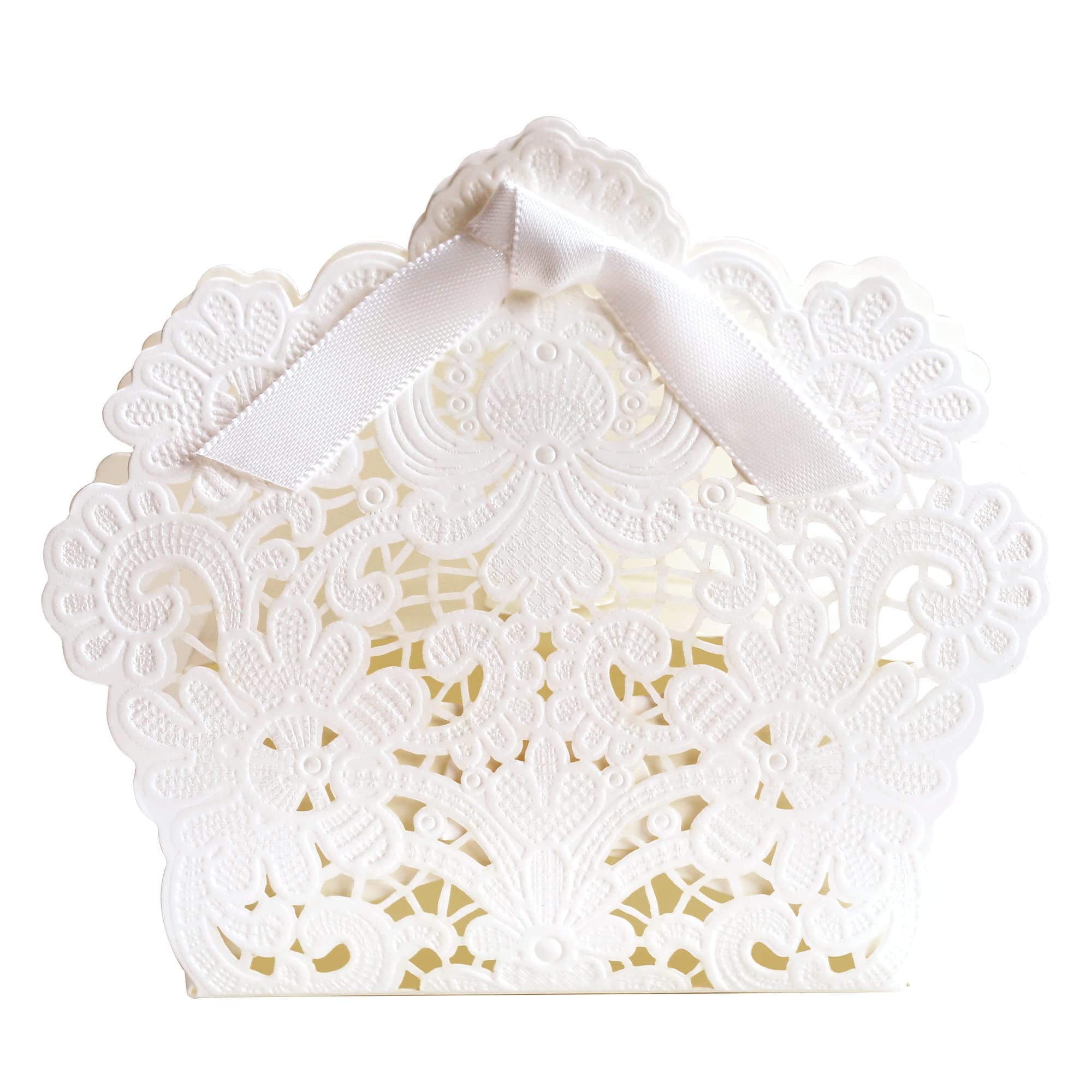 50 pcs Laser Cut White Wedding Party Favor Boxes, Wedding Gift Bags Chocolate Candy and Gift Boxes with Ribbons for Baby Shower, Bridal Shower, Christmas,Company Party, Birthday, Festival Favors