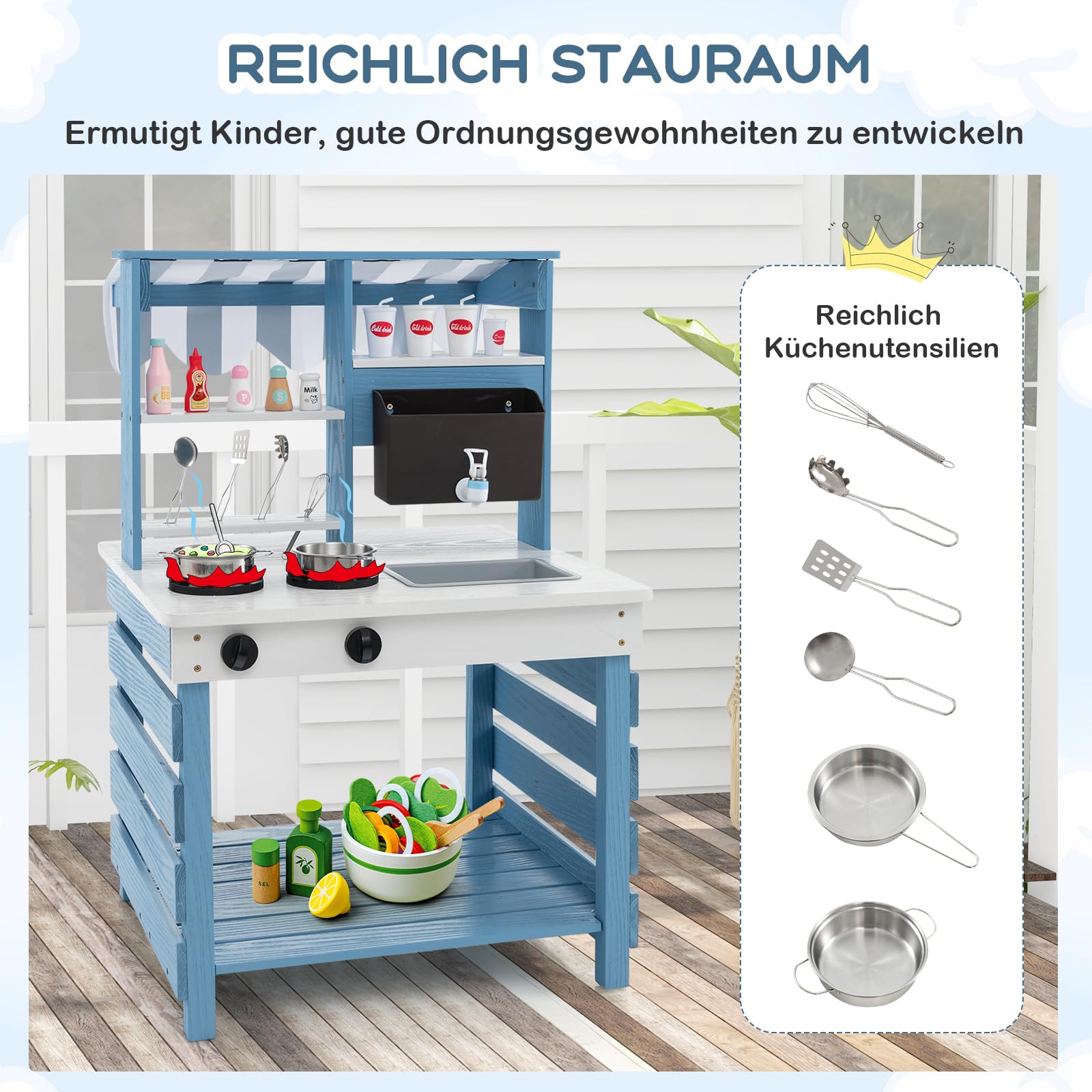 COSTWAY Kuchnia błotna dla dzieci, do użytku na zewnątrz, z drewna jodłowego z funkcją wody, dwustronna kuchnia do zabawy z dachem i 6 akcesoriami, kuchnia outdoorowa dla dzieci od 3 lat (niebieska)