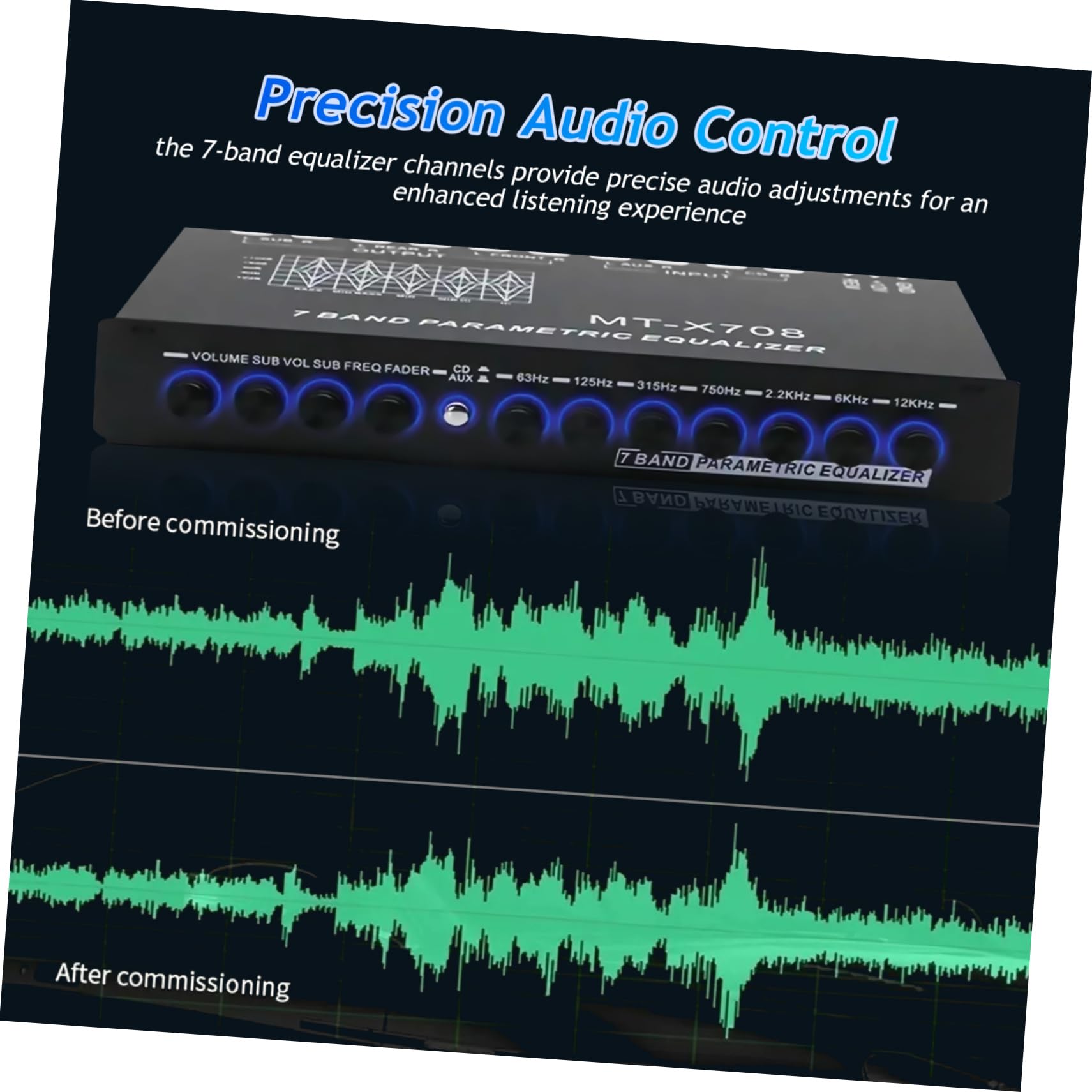 DOITOOL Ecualizador de Coche de 7 Bandas Ajustable, Amplificador de Audio Estéreo para Automóvil, Control de Tono Digital, Diseño Compacto Compatible Varios Modelos, Panel de Control Fácil de Usar