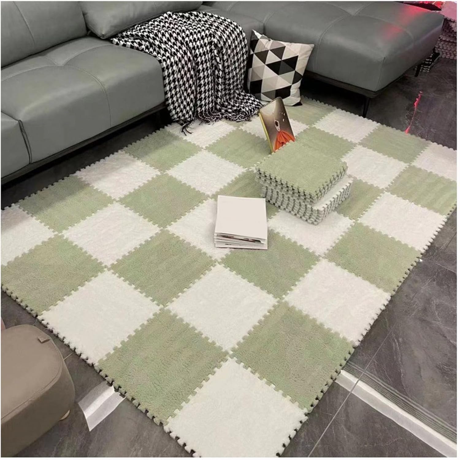 Pluszowa mata do raczkowania, 10 szt. Pluszowa pianka blokująca kwadratowy dywan Puzzle mata podłogowa wielokolorowa(Green+white)