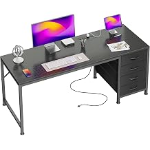 PRAISUN 55.1 Inch Computer Office Desk with Power Outelts and USB-C Port, Reversible Gaming Desk with 4 Fabric Drawers, Work Study Desk Work from Home, Black