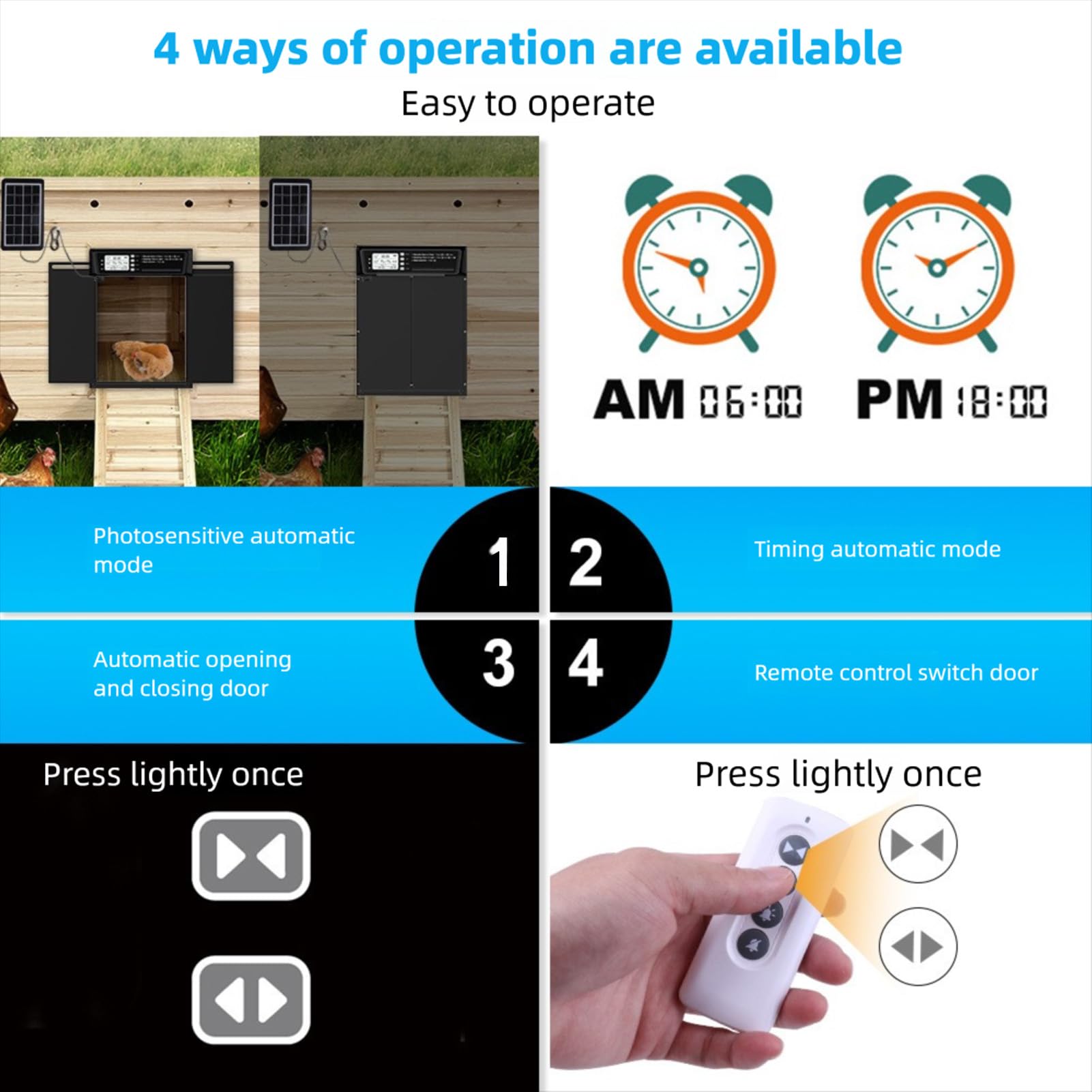 Puerta Automática para Gallinero, Aluminio con Energía Solar con Sensor de Luz, Temporizador, Control Remoto, Mecanismo Antipellizco, Alarma de Anomalía para la Seguridad de