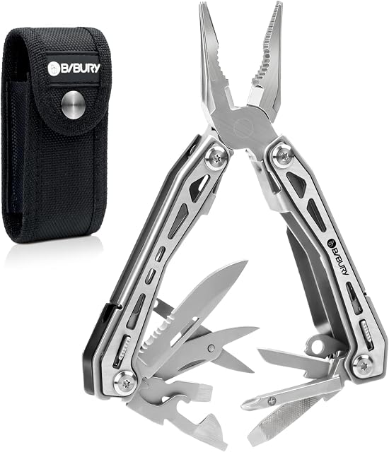 BIBURY Multitools, Portable Multi Tool Foldable Pliers with Scissors, Can Opener and Screwdriver, EDC Tools for Camping, Outdoor Activities, Repairing - Gift for Dad Men - Blackside