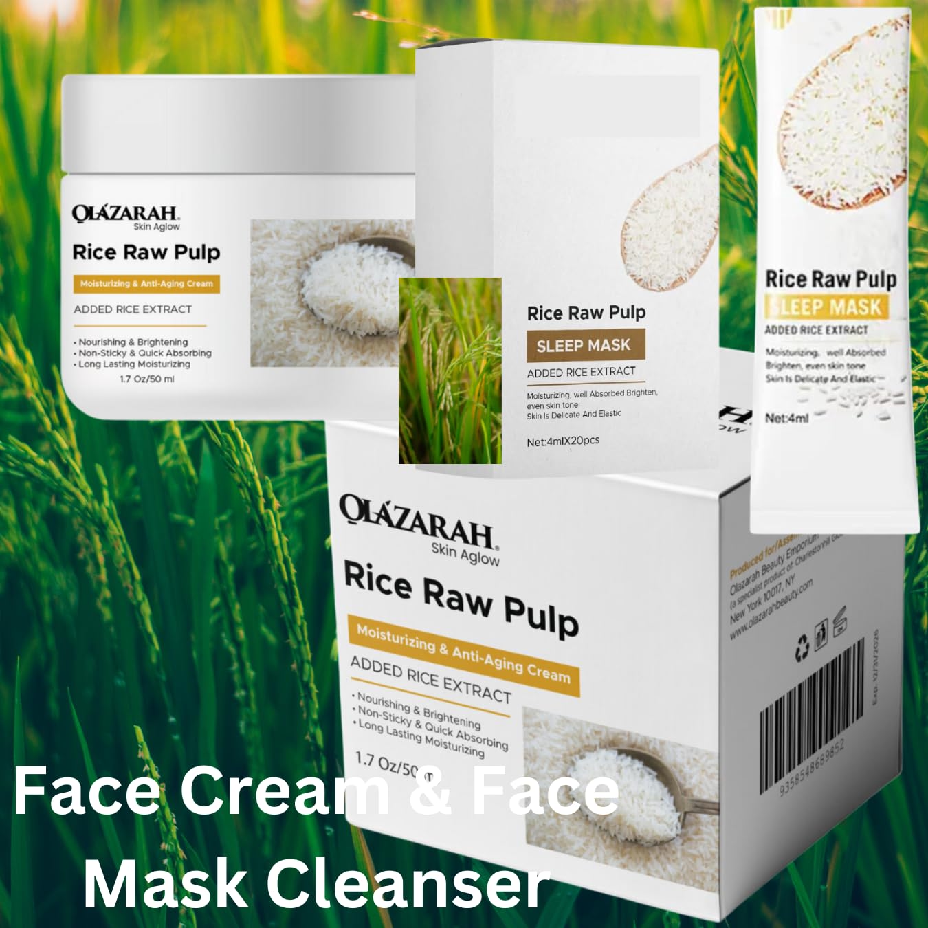 Rice Raw Pulp Skincare Set: Organic Moisturizer & Revitalizing Sleep Mask - Anti-Aging, Hydrating Day & Night Treatment - Suitable for All Skin Types, 4 oz