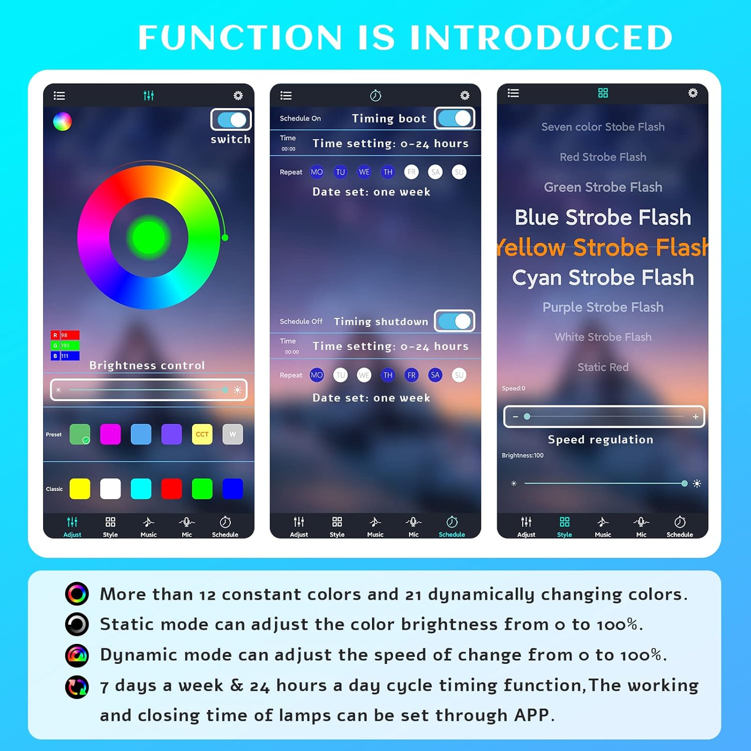 Detailed screenshots of the LyLmLe app showing brightness control, timing boot/shutdown settings, and various strobe and static color functions.