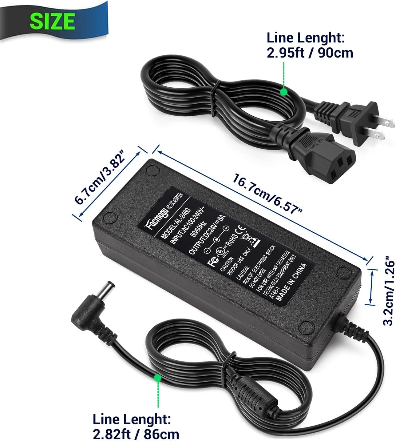 Facmogu 24V 6A Power Adapter AC 100-220V to DC 144W Power Supply US Plug Switching PC Power Cord for LCD Monitor LED Strip Light DVR NVR Security System Accessories