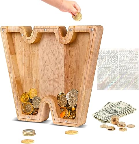 Miniatura 65 de Alcancía de madera con letras de madera, alcancía para niños y niñas, grande, 26 letras del alfabeto, banco de dinero personalizado con nombre