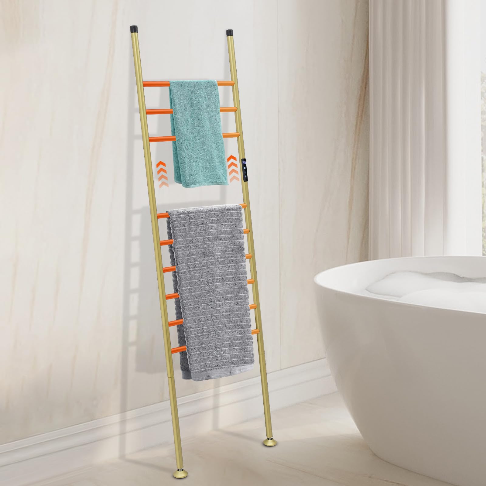 Toallero eléctrico, escalera independiente con temporizador 1-24H, 45-70 °C, 180 W, calentador de toallas de pie, 9 travesaños (dorado)
