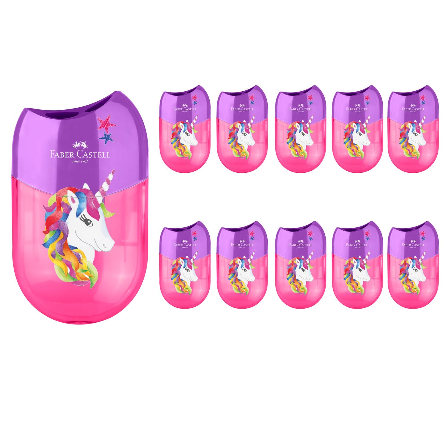 Faber-Castell 205248 - Doppio temperino unicorno, 10 temperini con contenitore per matite spesse e sottili